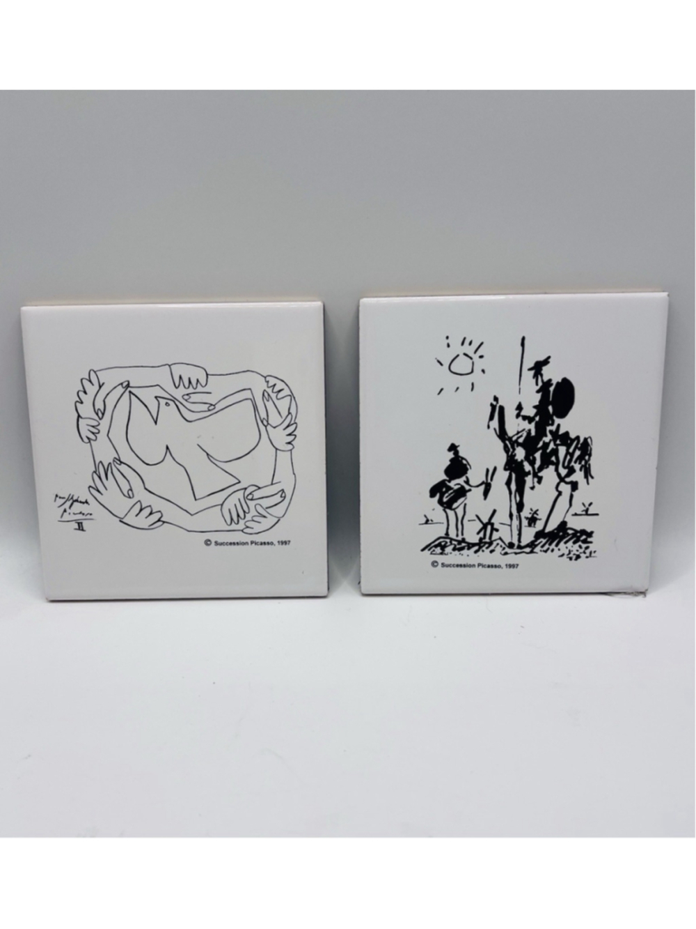 Set of 2 Picasso Succession Ceramic Tile Coasters 1997 Don Quixote Hands w/ Dove